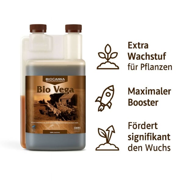 Biocanna Bio Vega Pflanzendünger in einer Dosierflasche mit drei Symbolen für Wachstum Förderung und Verstärkung