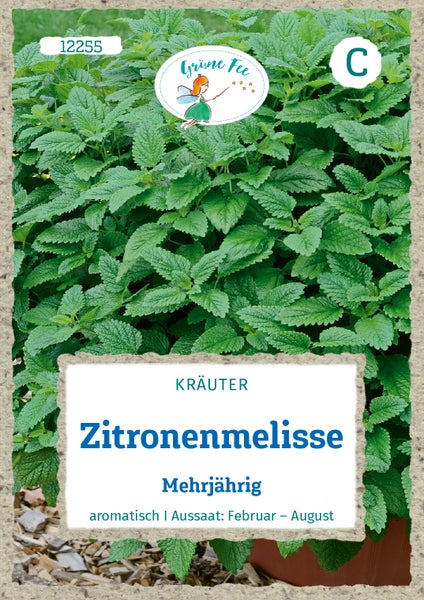 Pflanzenetikett für Zitronenmelisse von Grüne Fee. Mehrjährige, aromatische Kräuterpflanze mit grünen Blättern. Aussaat Februar bis August.
