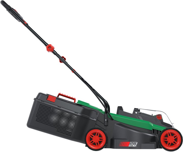 Akku-Rasenmäher mit Fangkorb und 20 Volt Antrieb in Grün und Schwarz mit roten Rädern.