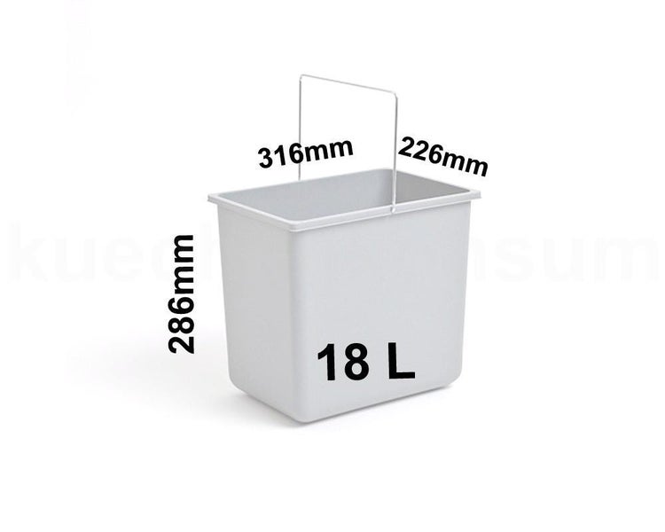 Rechteckiger Kunststoffeimer mit Henkel, 18 Liter, Masse 316 Millimeter mal 226 Millimeter mal 286 Millimeter.