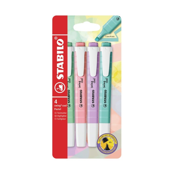 STABILO swing cool Pastel Textmarker im 4er-Pack mit 1 Millimeter und 4 Millimeter Strichbreite und 4 Stunden Austrocknungsschutz.