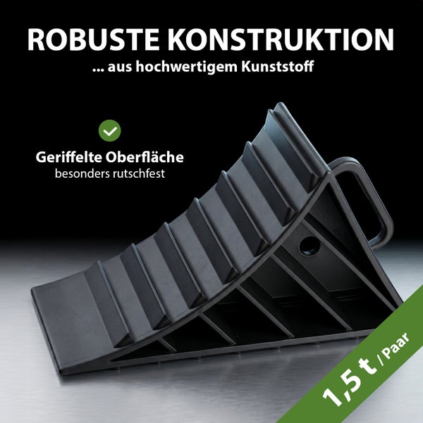 Unterlegkeil aus robustem Kunststoff mit geriffelter Oberfläche für hohe Rutschfestigkeit und einer Tragkraft von 1,5 Tonnen pro Paar.