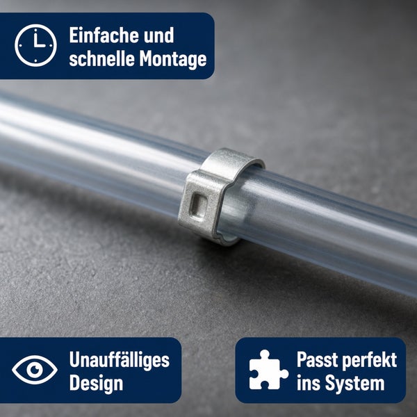 Metallschlauchklemme auf einem transparenten Schlauch mit Hinweisen zu einfacher Montage, unauffälligem Design und Systemkompatibilität.