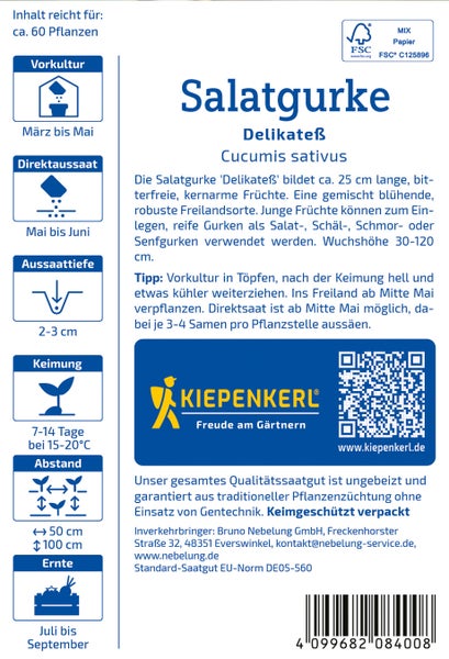 Saatgut für Salatgurke Delikateß Cucumis sativus mit Anbauhinweisen und Kiepenkerl Logo