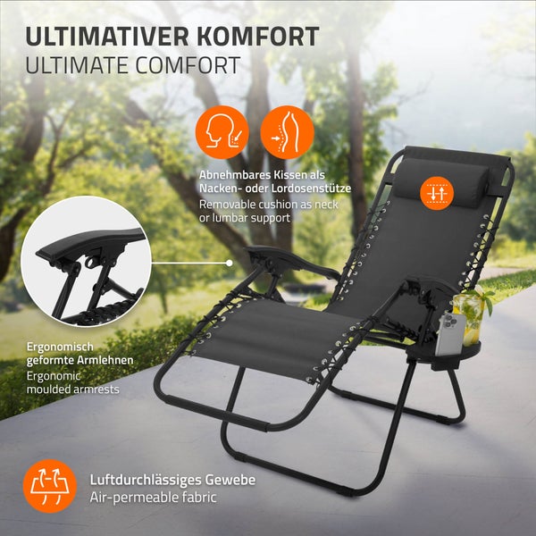 ML-Design Sonnenliege klappbar Anthrazit, Liegestuhl mit verstellbarem Kopfpolster Rückenlehne, Gartenliege wetterfest mit Schnürsystem, Zero Gravity Outdoor Relaxliege, Gartenstuhl mit Getränkehalter