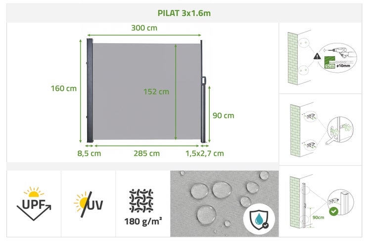 Technische Zeichnung der Seitenmarkise PILAT 300 mal 160 Zentimeter mit Maßen, UV-Schutz, 180 Gramm pro Quadratmeter und wasserabweisendem Stoff.