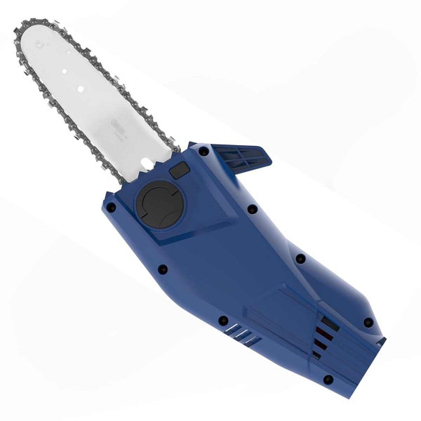 Blaue batteriebetriebene Mini-Kettensäge mit Führungsschiene und Sägekette.