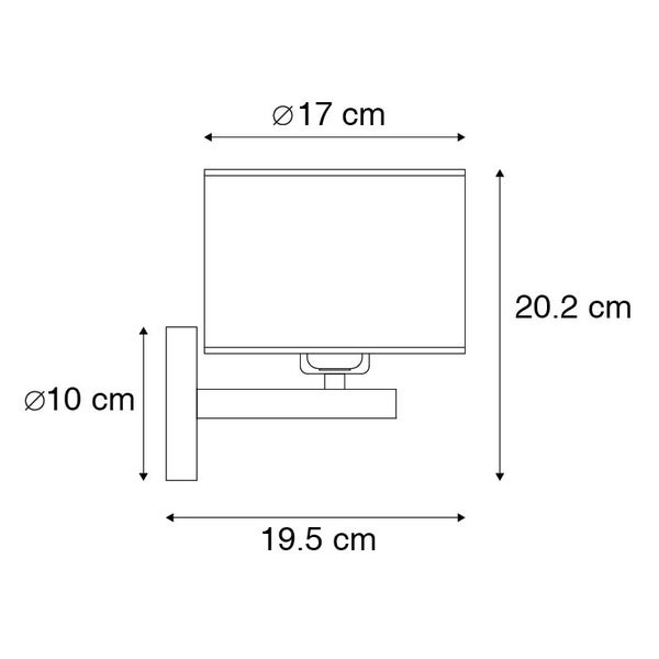 Maßzeichnung Wandleuchte: Schirmdurchmesser 17 Zentimeter, Gesamthöhe 20.2 Zentimeter, Ausladung 19.5 Zentimeter, Wandhalterung 10 Zentimeter.