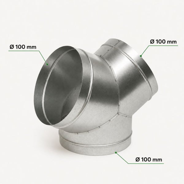 Hosenstück aus verzinktem Stahl für Lüftungsrohre mit drei Anschlüssen, Durchmesser 100 Millimeter.