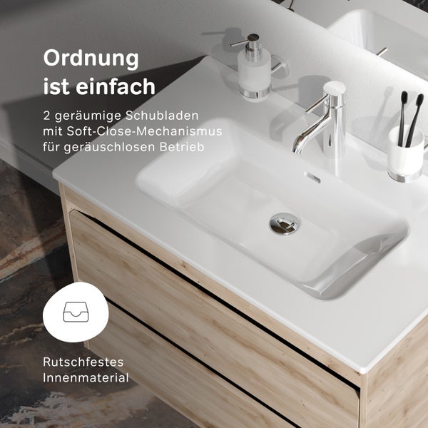 Waschtischunterschrank mit zwei Schubladen, Soft-Close Mechanismus und rutschfestem Innenmaterial