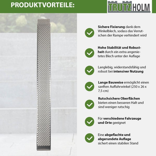 Produktvorteile der Trutzholm-Rampe: sichere Fixierung, hohe Stabilität, lange Lebensdauer, rutschsichere Oberfläche und geeignet für verschiedene Fahrzeuge
