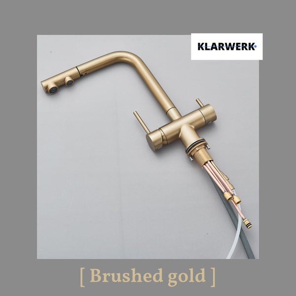 Felix | 3 Wege Premium Edelstahl Gold matt ausziehbare Armatur | Osmose Wasserhahn Küche |Mischbatterie - 360 Grad | Filter 3 Anschlüsse
