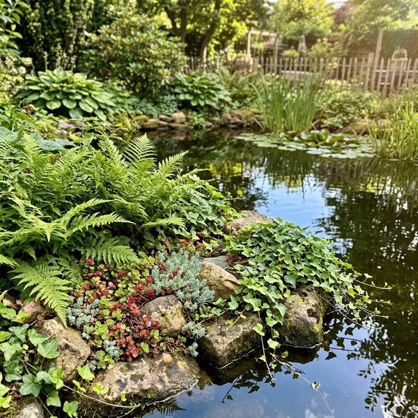 Hell gestalteter Gartenteich mit Natursteinen, bepflanzt mit Farnen und Sukkulenten, umgeben von dichter Vegetation und einem Holzzaun.