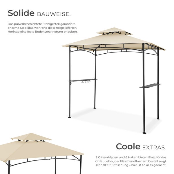 Grillpavillon mit pulverbeschichtetem Stahlgestell, Doppeldach, zwei Gitterablagen, sechs Haken und integriertem Flaschenöffner.