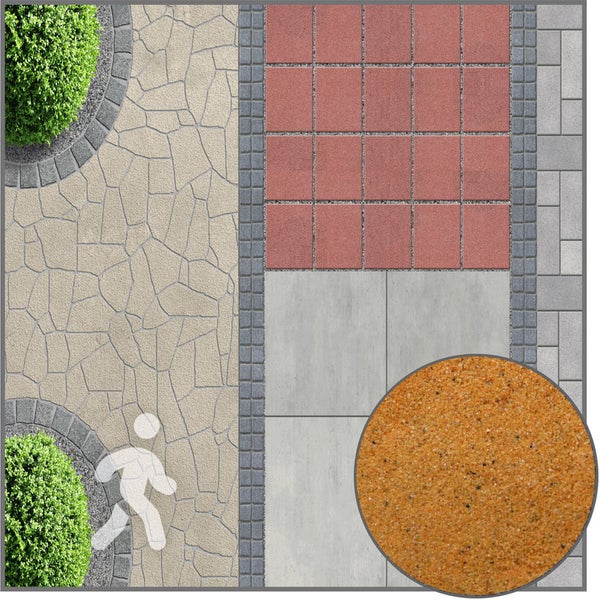 Draufsicht auf begehbare Flächen aus Pflastersteinen und Terrassenplatten mit einer Detailansicht der Struktur von Fugensand.