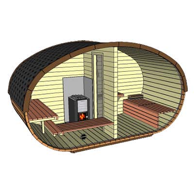 Ovale Fasssauna im Querschnitt mit zwei Räumen, Holzbänken und einem holzbefeuerten Saunaofen.
