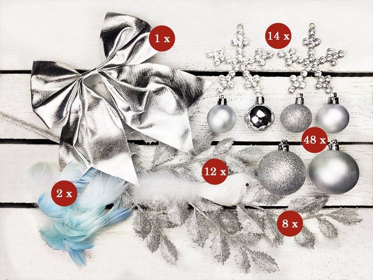 Weihnachtsbaumschmuck Set mit Schleife, Schneeflocken, Christbaumkugeln und Dekovogel