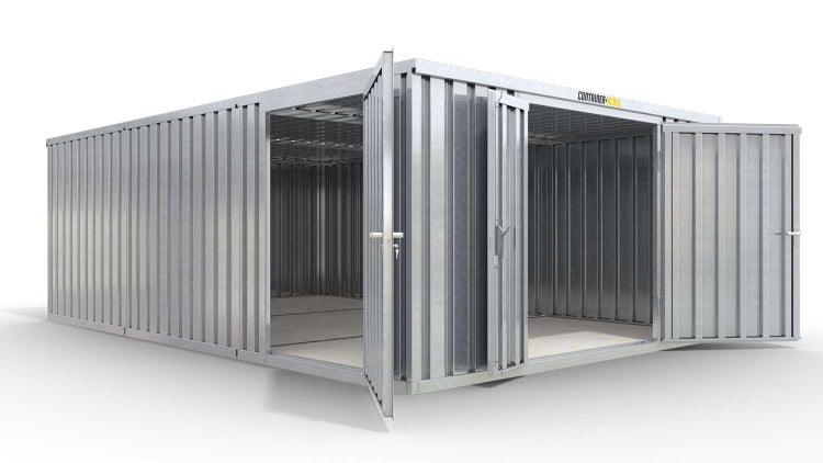 Lagercontainer Gerätehaus M3  – 18 qm, H2150 x B3050 x T6520 mm, verzinkt, mit Holzfußboden, 1830 mm Doppelflügeltür mittig in Stirnseite und 1270 mm Einflügeltür mittig in Modul C, zerlegt