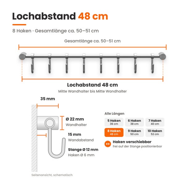 Technische Zeichnung einer Hakenleiste mit 8 Haken, Lochabstand 48 cm, Gesamtlänge 50 bis 51 cm und verschiebbaren Haken.