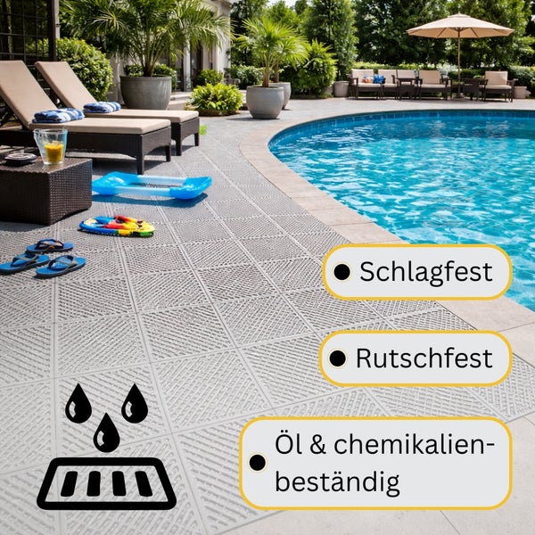 Rutschfeste, schlagfeste, wasserdurchlässige Klickfliesen in Hellgrau als Poolumrandung im Garten, öl- und chemikalienbeständig.
