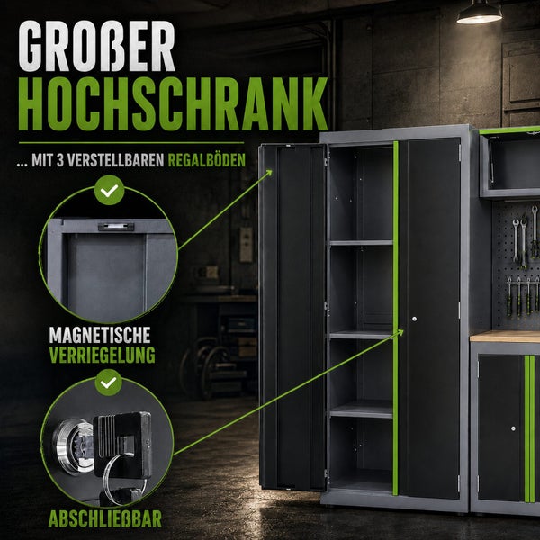 Großer Werkstatt-Hochschrank aus Metall mit drei verstellbaren Regalböden, magnetischer Verriegelung und abschließbaren Türen.