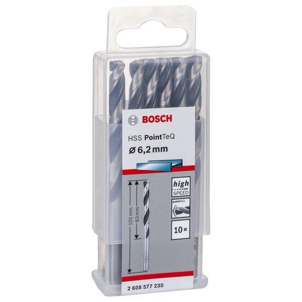 Bosch Logo. Zehn HSS PointTeQ Bohrer, Durchmesser 6,2 Millimeter.