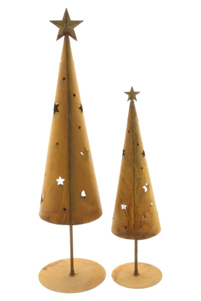 Zwei dekorative Weihnachtsbäume aus Metall mit Sternenmuster