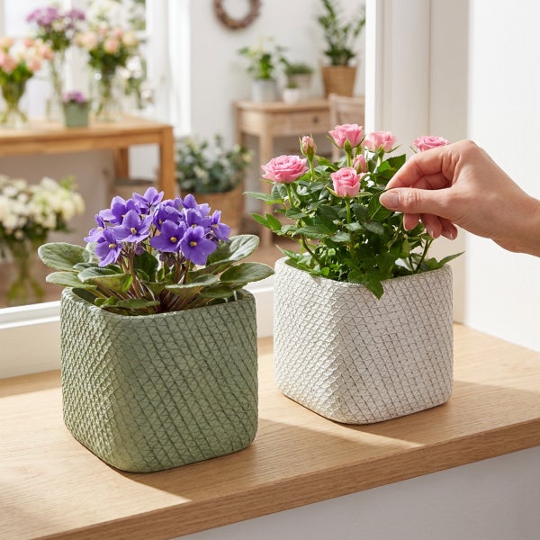 Zwei quadratische Übertöpfe mit strukturierter Oberfläche stehen auf einem Holzfensterbrett mit einer blühenden Pflanze und einer Rosenpflanze.