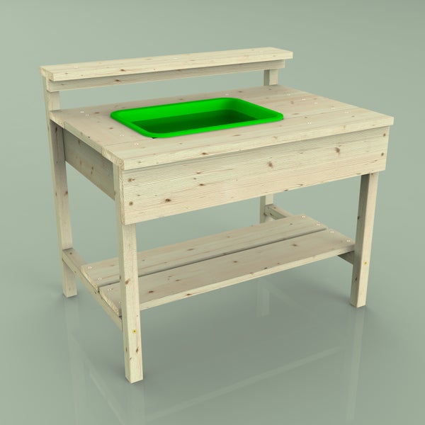 Kinder-Spieltisch aus Holz mit integrierter grüner Kunststoffwanne, Draufsicht.