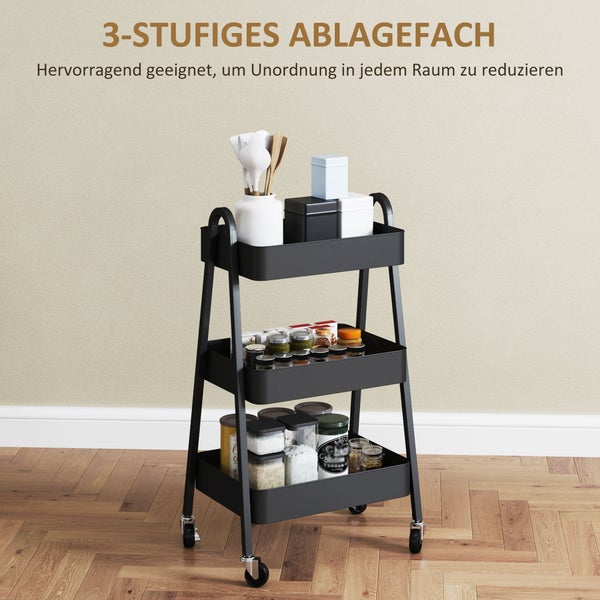 HOMCOM Servierwagen mit 3 Ebenen Küchenwagen mit Rollen Griff Rollwagen mit Bremse Küchenregal Küchenrollwagen Allzweckwagen für Küche Büro Badezimmer, Schwarz