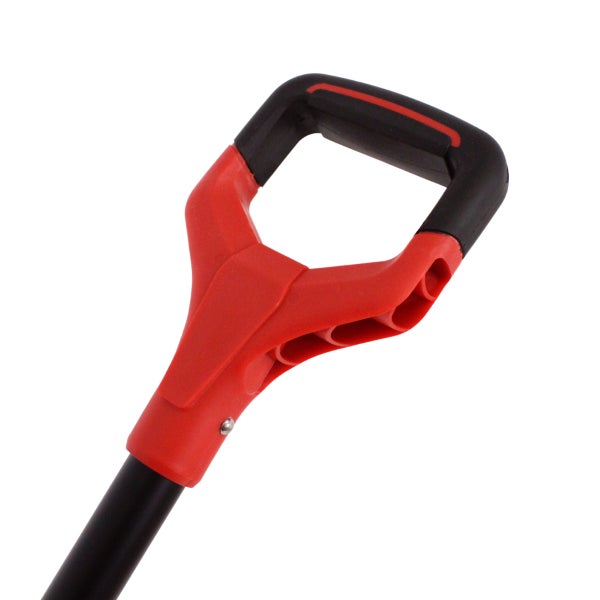 Ergonomischer D-Griff aus rotem und schwarzem Kunststoff für Gartengeräte.