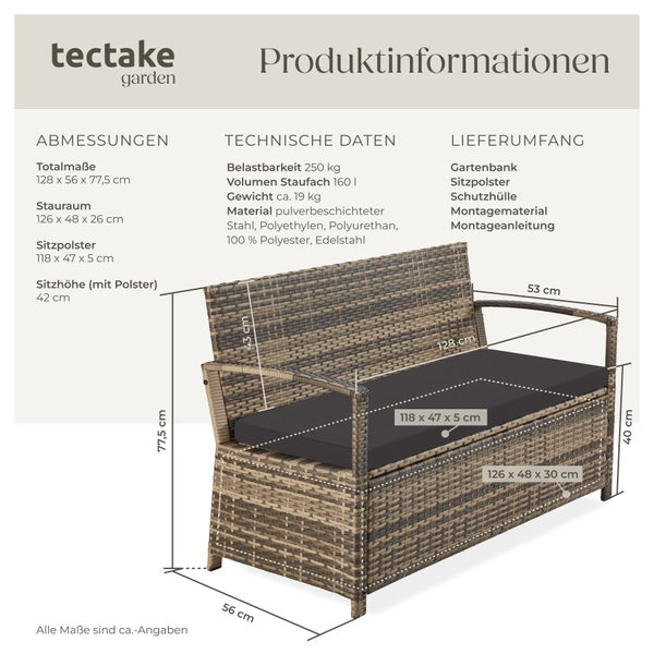 Infografik mit Maßen für eine Tectake Gartenbank aus Polyrattan mit integriertem Stauraum, Sitzpolster und technischen Details.