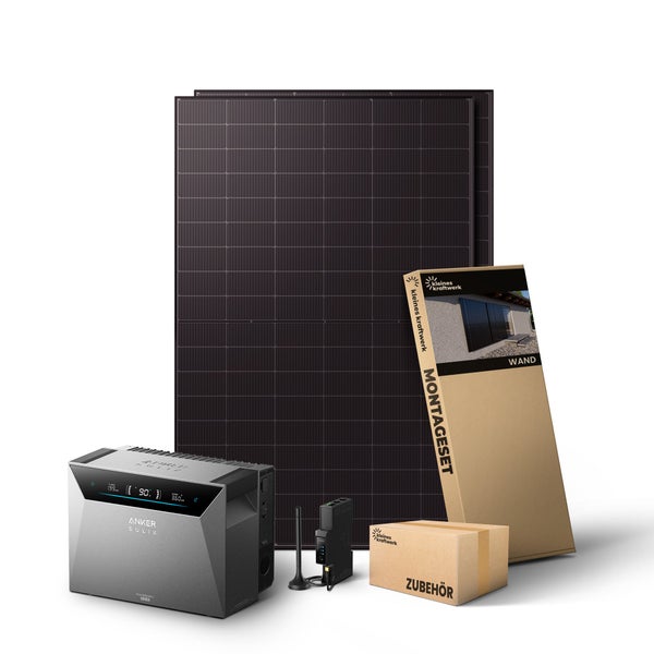 Balkonkraftwerk Set mit zwei Solarmodulen, Anker Solix Solarbank 2 Pro Speicher, Wand-Montageset und Zubehör.