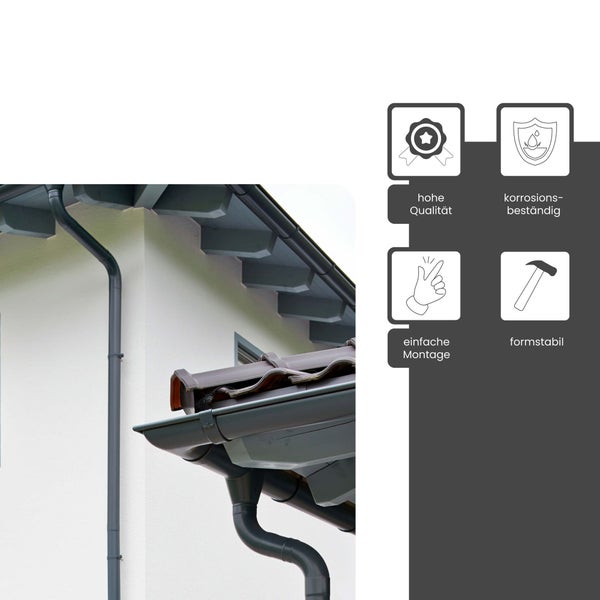 Dachrinnensystem am Haus mit Symbolen für hohe Qualität, Korrosionsbeständigkeit, einfache Montage und Formstabilität