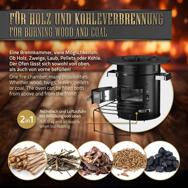 BBQ#BOSS Raketenofen mit Grillpfanne, Tragetasche + Power Ring, Schwarz, Campingkocher Holz mit Brennholzständer, Camping BBQ Holzofen zum Kochen, Outdoor-Küche, Raketenherd Dutch Oven Campinggrill