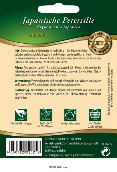 Rückseite einer Samentüte für Japanische Petersilie Mitsuba mit Anbauinformationen und Symbolen für Aussaat, Keimung, Standort und Ernte.