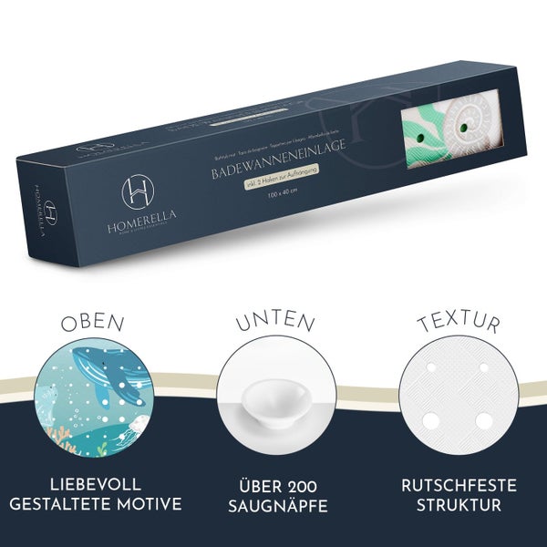 Homerella® Badewannenmatte rutschfest Kinder - 100% BPA frei Inkl. 2 Haken zum Aufhängen 100x40cm - Antirutschmatte Badewanne Baby hautsensitiv, schimmelresistent - Badematte rutschfest