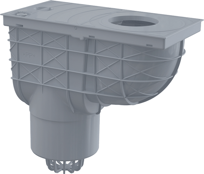 Bodenablauf-Gehäuse aus Polypropylen mit vertikalem Abgang.