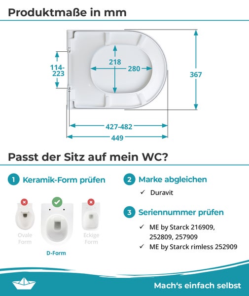 Maßzeichnung eines WC Sitzes mit Angaben zur Passgenauigkeit für Duravit ME by Starck Keramik in verschiedenen Ausführungen.