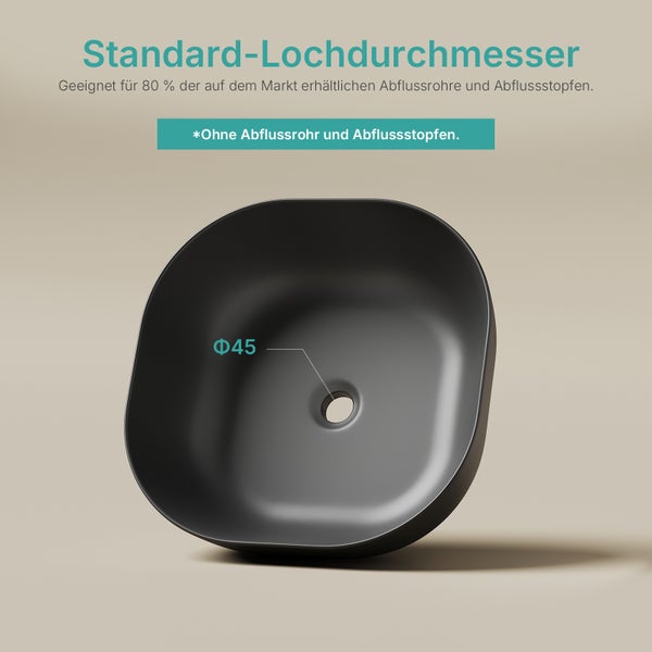 Schwarzes Aufsatzwaschbecken mit einem Standard-Ablauflochdurchmesser von 45 Millimetern. Ohne Ablaufrohr und Abflussstopfen.
