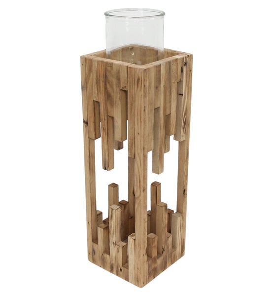 Dekorativer Windlichtständer aus Holz mit Glaseinsatz für Stumpenkerzen.