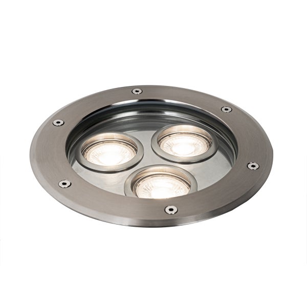 Runder LED-Bodeneinbaustrahler aus Edelstahl mit drei Leuchtmitteln.