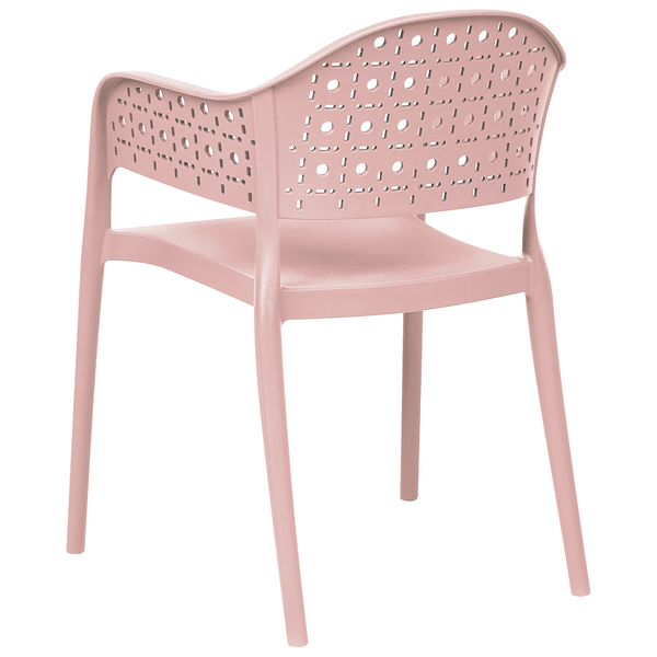 Stapelstuhl aus Kunststoff in Rosa mit Lochmuster an Rückenlehne und Armlehnen.
