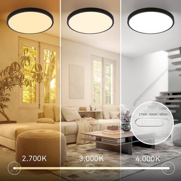LED Deckenleuchte mit einstellbarer Farbtemperatur von 2700K bis 4000K in einem modern eingerichteten Wohnzimmer mit Schalter für Lichtsteuerung
