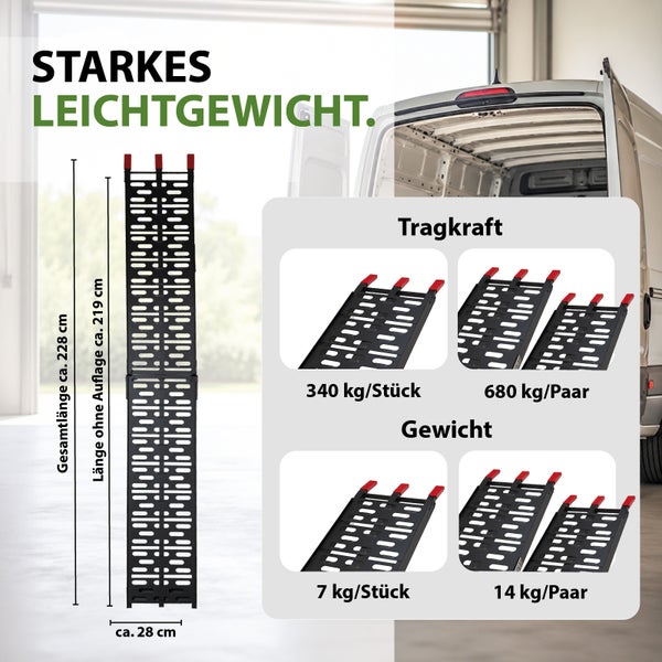 Schwarze Auffahrrampe, Länge circa 228 Zentimeter, Breite circa 28 Zentimeter. Tragkraft 340 Kilogramm, Gewicht 7 Kilogramm.