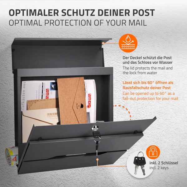 Anthrazitfarbener Wandbriefkasten mit geöffnetem Deckel, Frontklappe, Zeitungsfach, zwei Schlüsseln und sechzig Grad Öffnungswinkel.