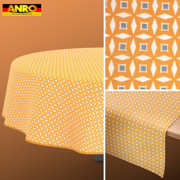 ANRO Logo. Abwaschbare Tischdecke mit geometrischem Muster aus Rauten und Quadraten.