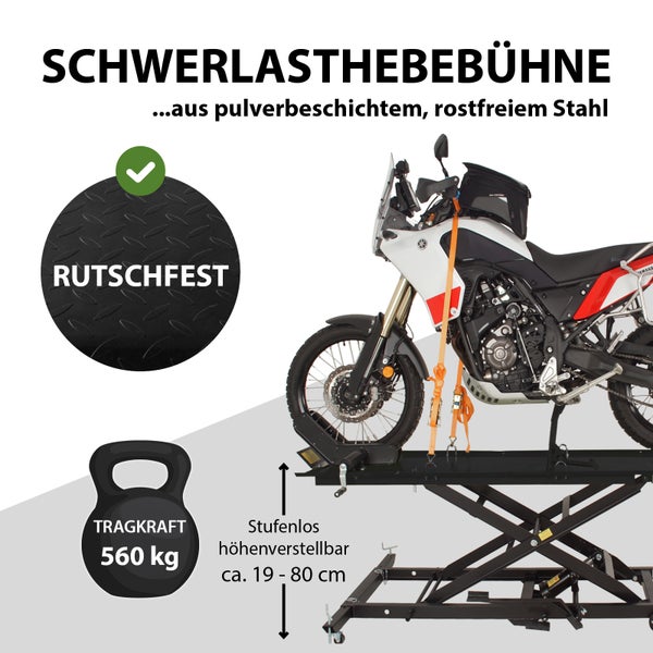Motorrad auf Schwerlasthebebühne aus pulverbeschichtetem, rostfreiem Stahl mit einer Tragkraft von 560 Kilogramm und stufenloser Höhenverstellbarkeit von circa 19 bis 80 Zentimetern. Die Oberfläche ist rutschfest.