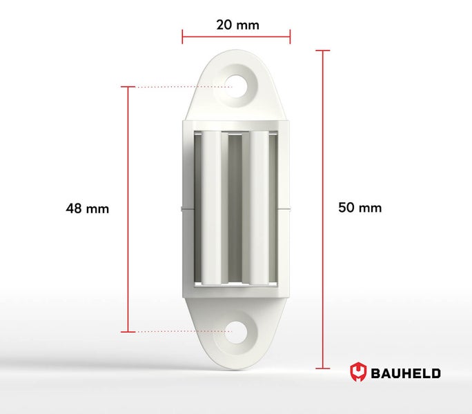 Bauheld Logo. Kunststoffclip mit den Massen 50 mm Länge, 20 mm Breite und 48 mm Höhe.