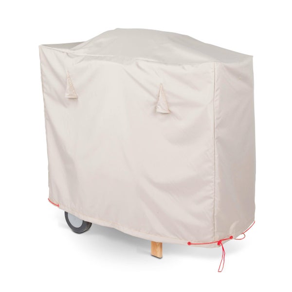 Beige wetterfeste Abdeckhaube für Grills oder Gartengeräte mit Lüftungsöffnungen und Kordelzug.